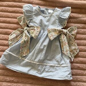 Edgehill Collection Blue Stripe Ruffle Floral Tie Kids Dress